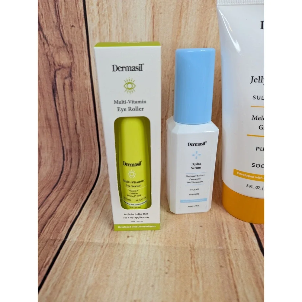 5PC Dermasil Skincare Lot - Melon Jelly Cleanser Hydra Serum Eye Roller Face Oil